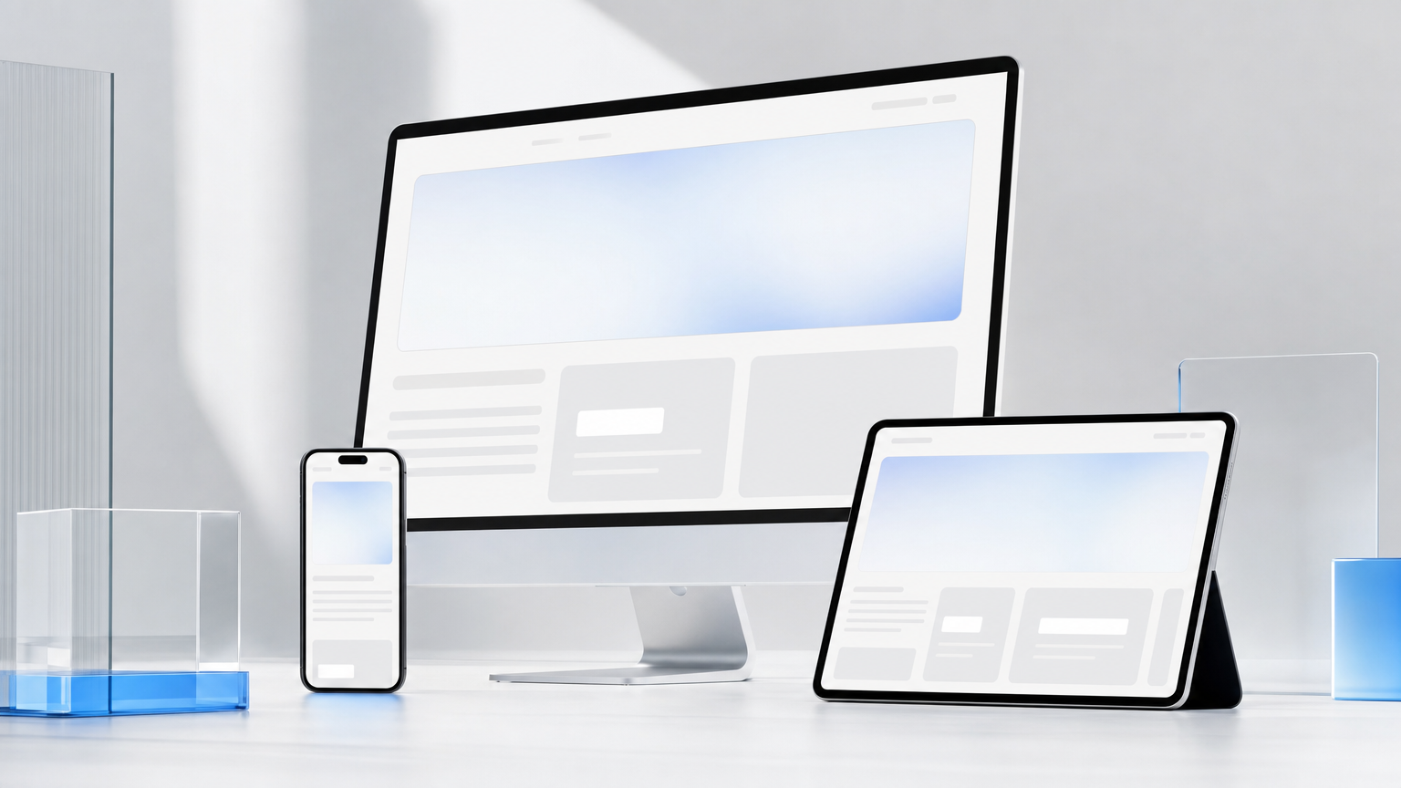 Site responsivo apresentado em desktop, tablet e smartphone